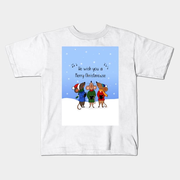 We Wish you a Merry Christmouse, singing mice design Kids T-Shirt by Maddybennettart